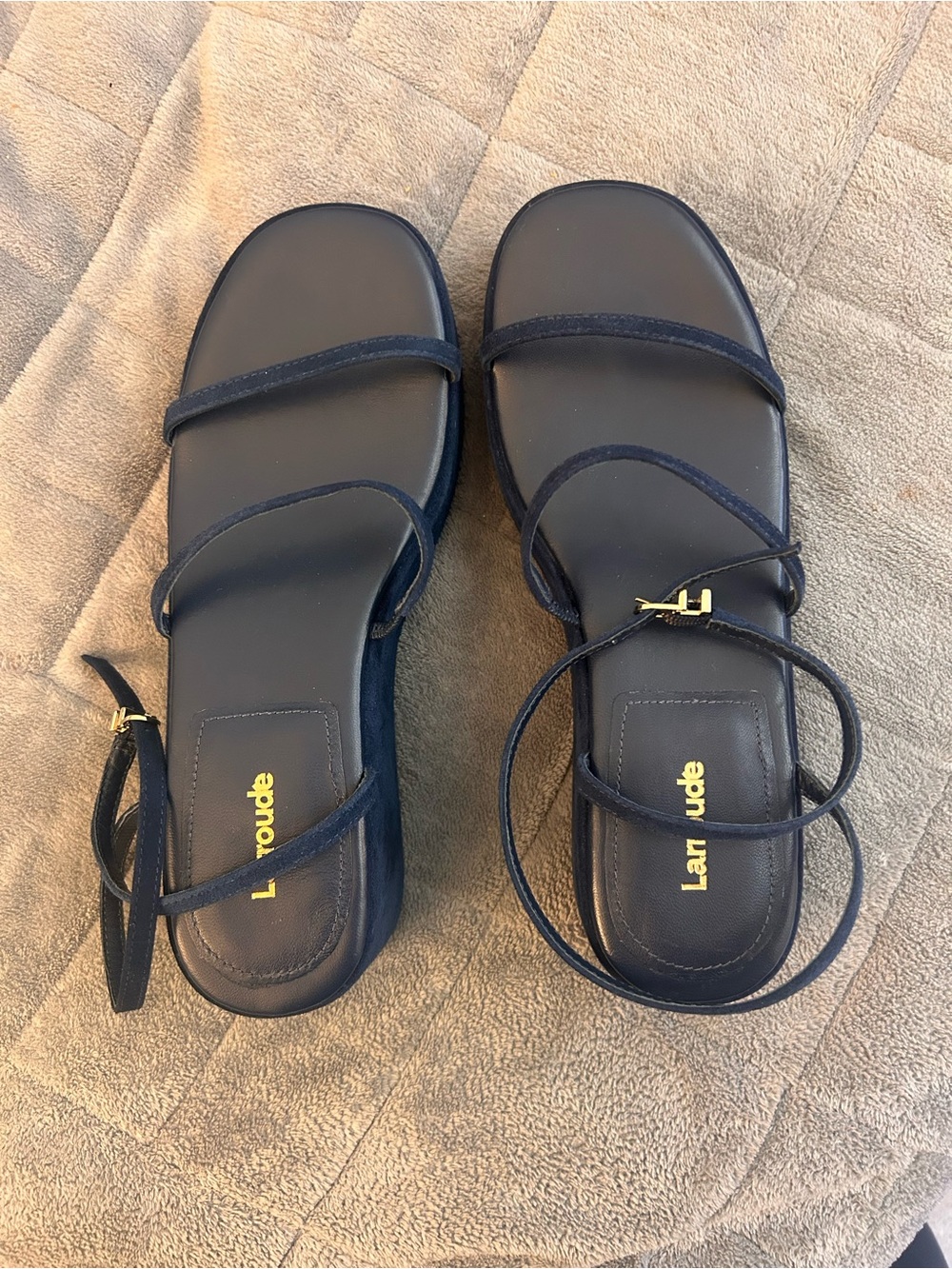 Larroude Gio navy leather platform wedge sandals size 8 - Picture 2 of 9